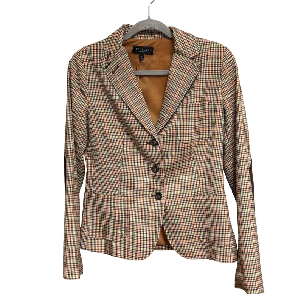 Talbots Blazer Plaid Wool Blend Elbow Patches 6 Multicolor Excellent Equestrian